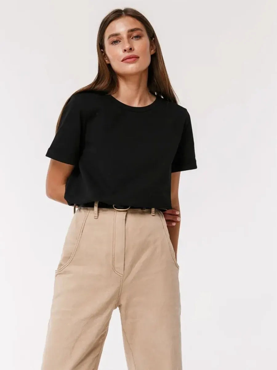 Cross border hot selling cotton T-shirt with round neck and short sleeves for European and American women loose basic top