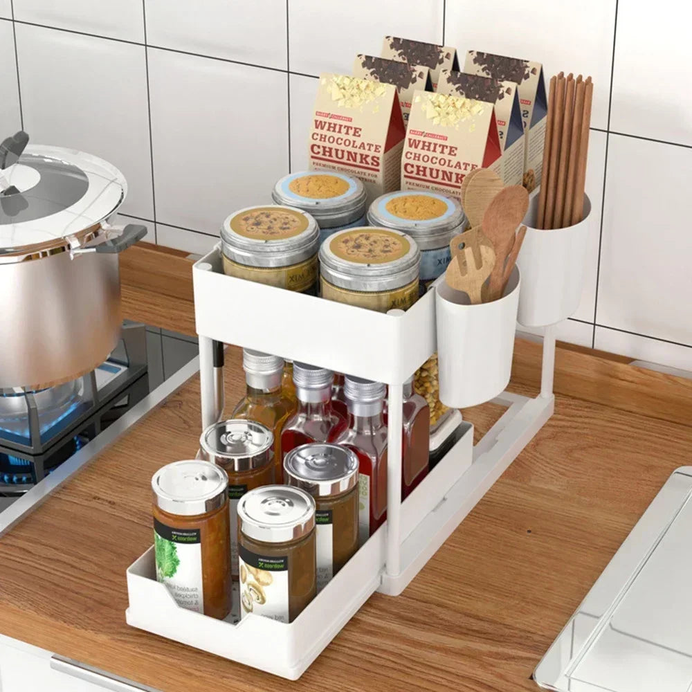 2-Tier Under Sink Organizers and Storage, Sliding L-shape Under Bathroom Kitchen Cabinet Organizers Narrow Space Sink Organizer