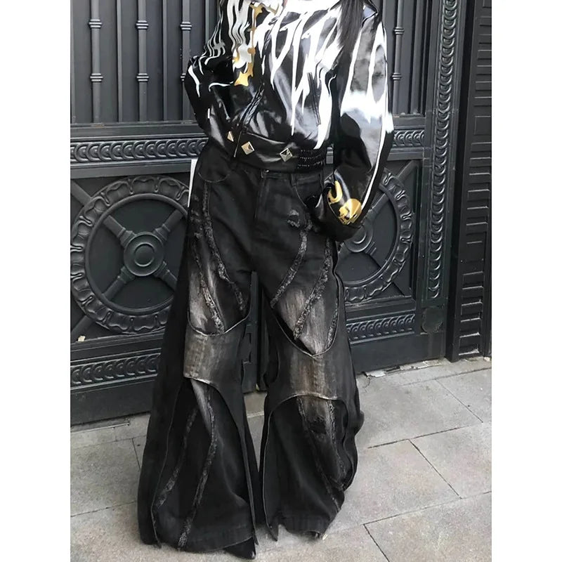 Y2K Heavy Duty Patchwork Distressed Denim Jeans Unisex Gothic Loose Flared Bell Vintage Hip Hop Washed Wide Leg Trendy Harajuku
