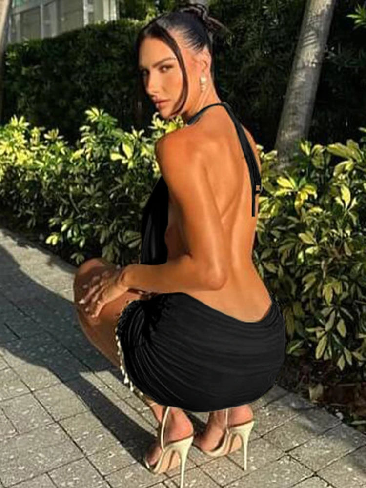 Weird Puss Sexy Mesh Patchwork Mini Dress Women Lace-Up Halter Backless Pearl Tassel Ruched Elegant Midnight Club Party Outfits