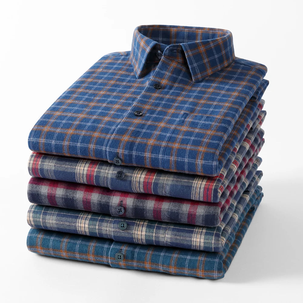 Vintage Men's Flannel Shirts with Pocket Long Sleeve Brushed Shirt for Men Warm Casual Soft Cotton 100% Button Down Plaid Shirt