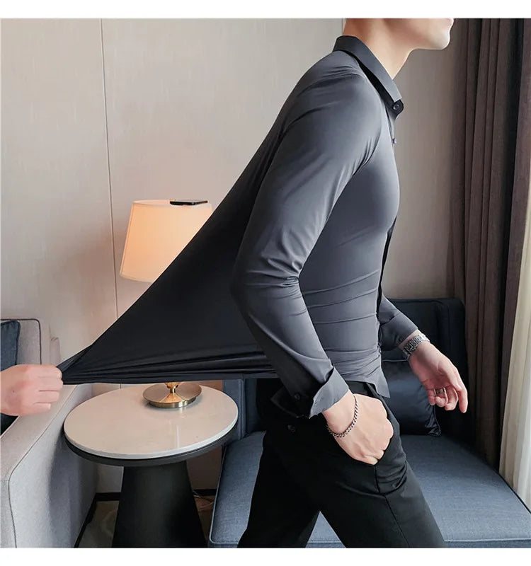 Men's Ultra Stretch Seamless Long Sleeve Shirt Top Quality Business Casual Breathable Stretchable Solid Color Formal Dress Shirt
