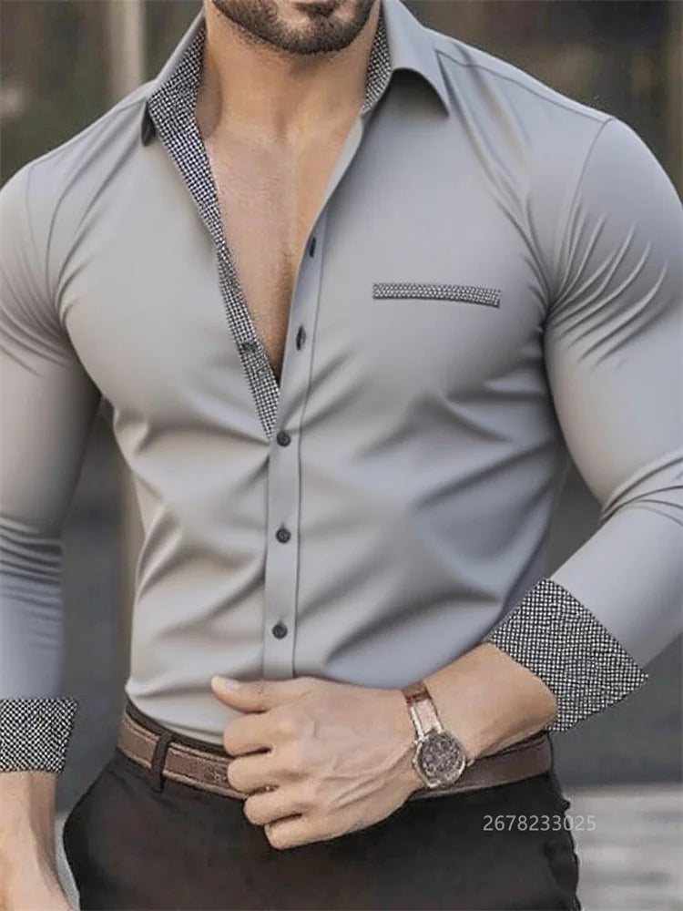 Men's Shirt Business Lapel Shirt, Black White Grey, Outdoor Street Long Sleeve Button Shirt, High Quality Soft Fabric XS-6XL Siz