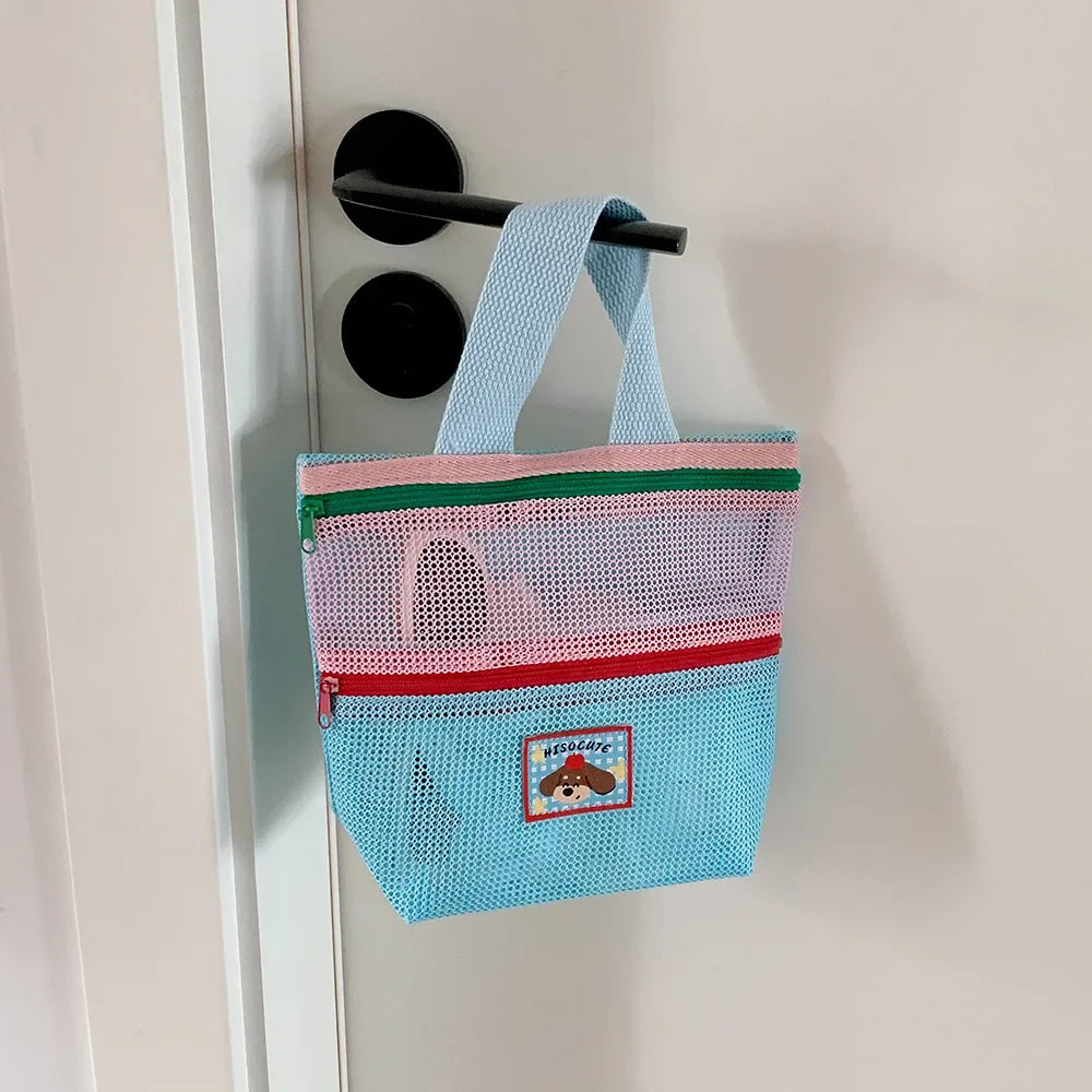 Women's Color-Block Mesh Makeup Bag with Top Handle and Cute Patch Small Cosmetic Pouch for Daily Travel Essentials Storage