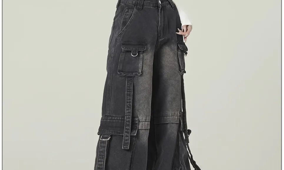 Black Gray Multi Pocket Cargo Jeans Women's Y2K Gothic Baggy Harajuku Oversize Denim Trousers Washed Straight Leg Wide Leg Pants