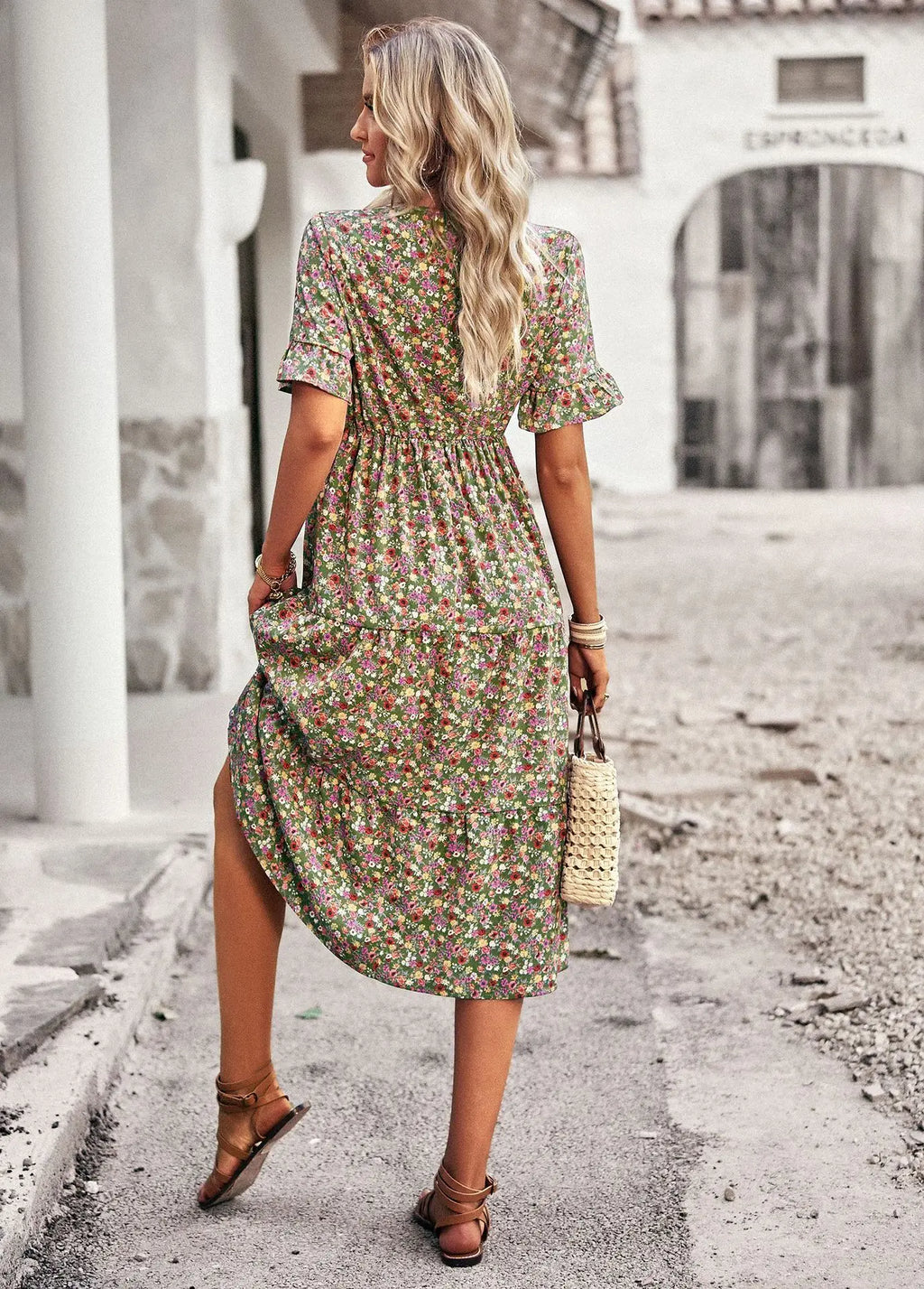 Msfilia Fashion V Neck Elegant Printed Dress Women Summer Short Sleeve High Waist A Line Floral Holiday Dresses