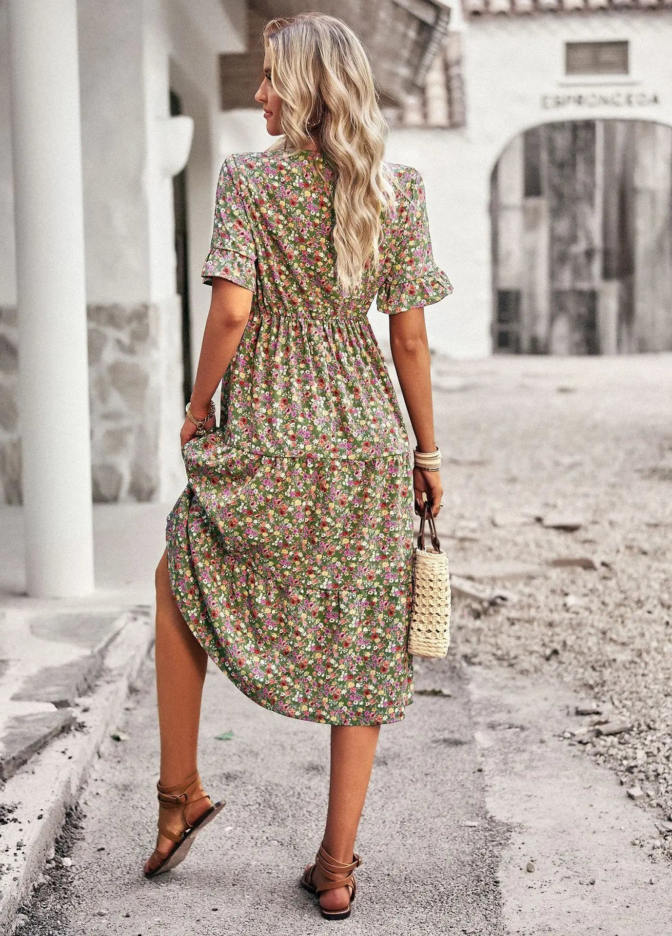 Msfilia Fashion V Neck Elegant Printed Dress Women Summer Short Sleeve High Waist A Line Floral Holiday Dresses