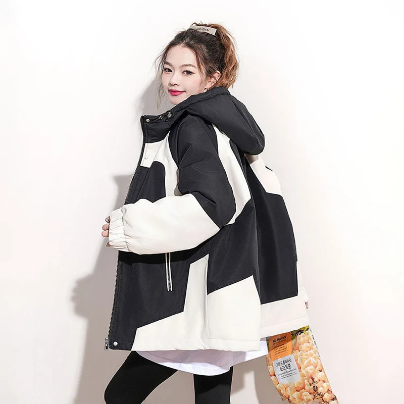 Black and White Patchwork Hiking Jacket Women Autumn Winter Winderproof Warm Hooded Zip Up Coat Korean Streetwear Couple Jackets