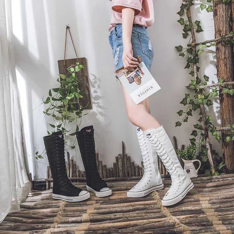 Spring Autumn Women Shoes Canvas Casual High Top Shoes Long Boots Lace-Up Zipper Comfortable Flat Boots Sneakers 34-43