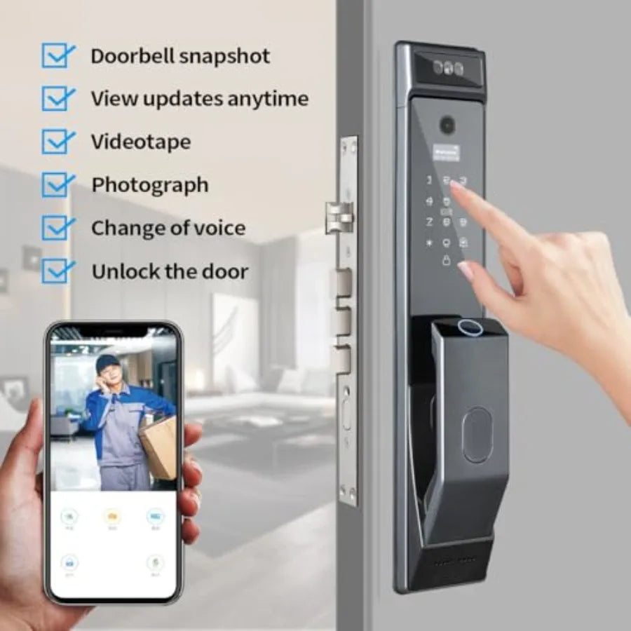 Smart Door Lock with Camera for Home Security: Aluminum Alloy, Black, 3D Face Recognition, Fingerprint Biometrics, Wi-Fi Remote