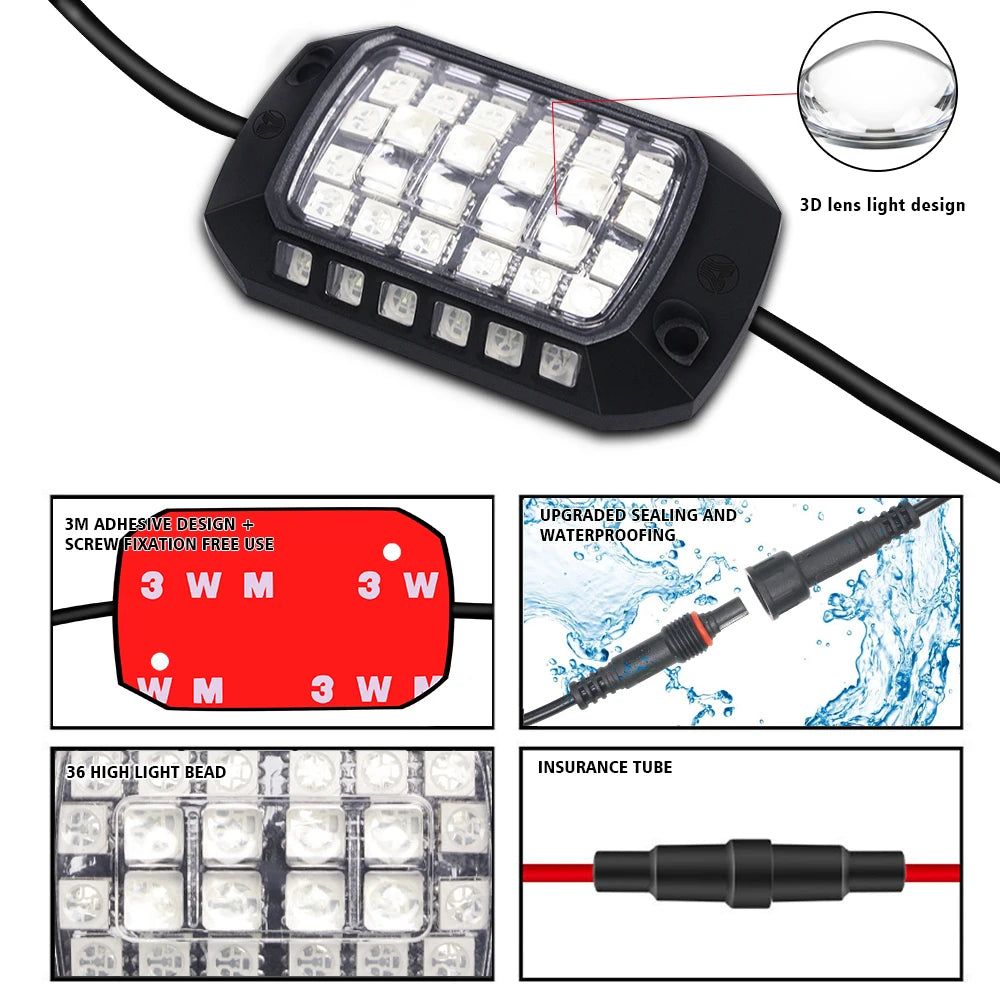 3D Lens Chassis Undergolw Light Remote App Control 12V For Jeep Off-Road 4x4 Truck UTV SUV ATV RZR Car Rock Decorative Lights