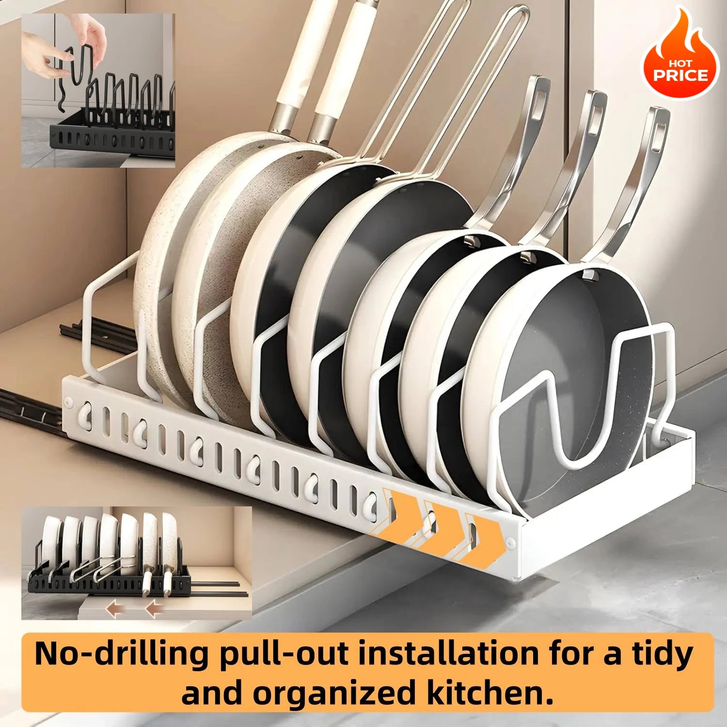 Pull-out pot rack organizer with adjustable shelves, space-saving kitchen cabinet storage