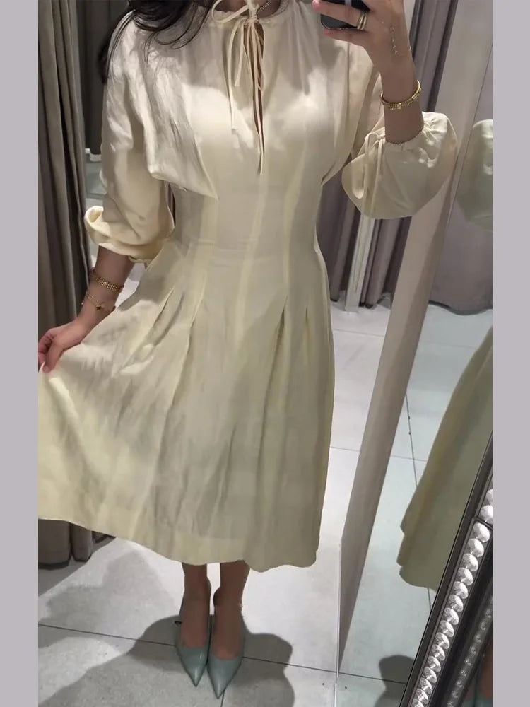 Casual Cotton Midi Dress Women O Neck Lace Up Lantern Sleeves Slim Waist A Line Robe Female 2026 Summer New Chic Solid Dresses