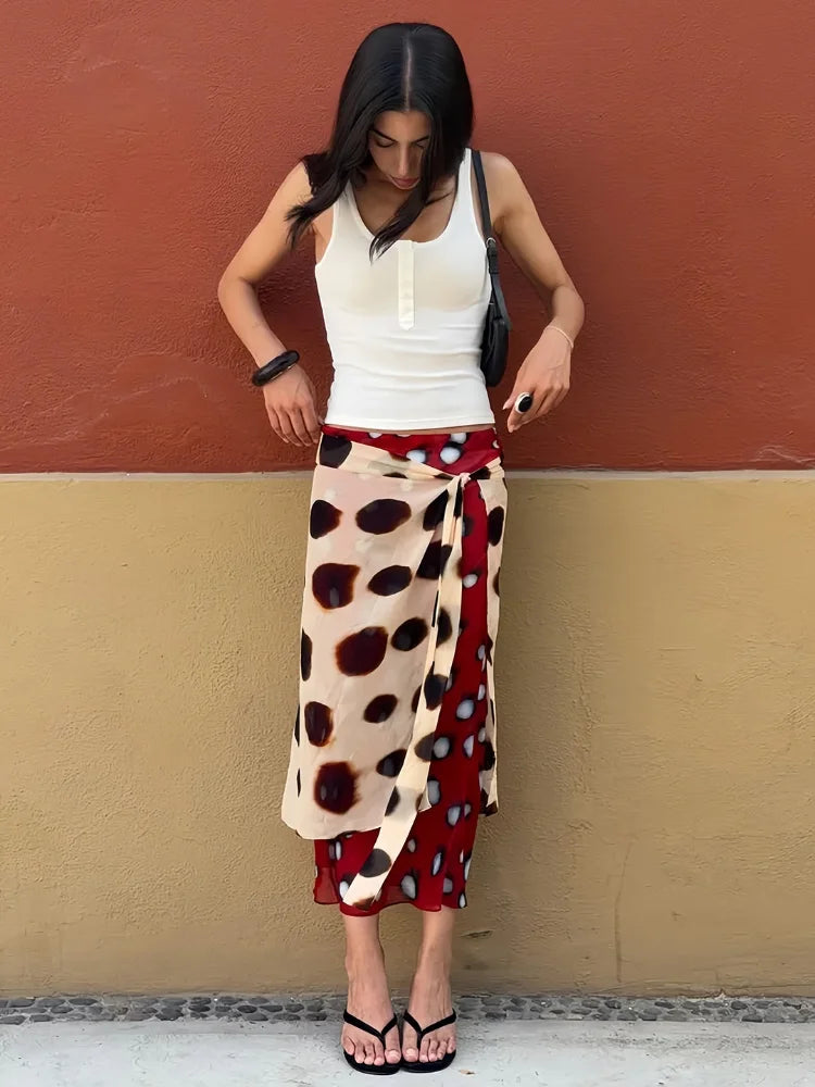 Bohemian Contrast Polka Dot Wrap Skirt Women Vintage Tie Waist Lace Up Chiffon Midi Skirts Coffee Dating Night Out Wear 2026 New