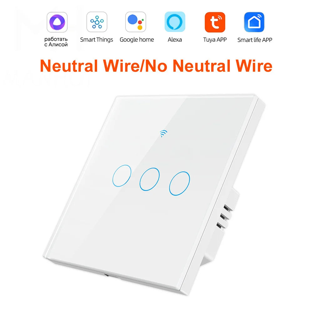 Smart EU Touch Sensor Switch Switches LED Crystal Glass Panel Wall Lamp Light Switch 1/2/3/4Gang No Neutral Wire APP Control