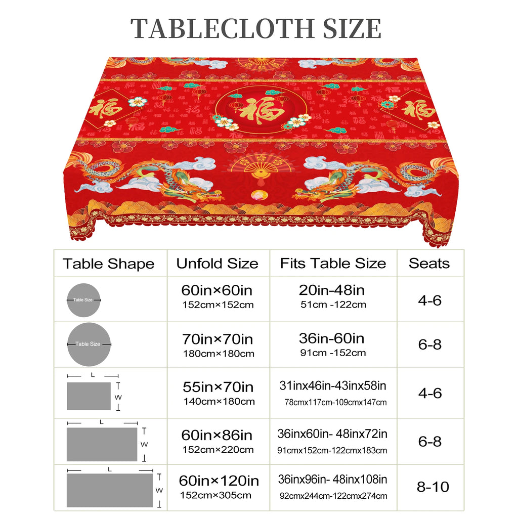 1 Piece of Chinese Blessing Red Round Tablecloth, 5 Sizes, Chinese Spring Festival Red Printed Square Tablecloth, Edge Embossing Process, Wedding Garden Tablecloth Decoration, Tablecloth for Daily Home Kitchen, Terrace, Chine
