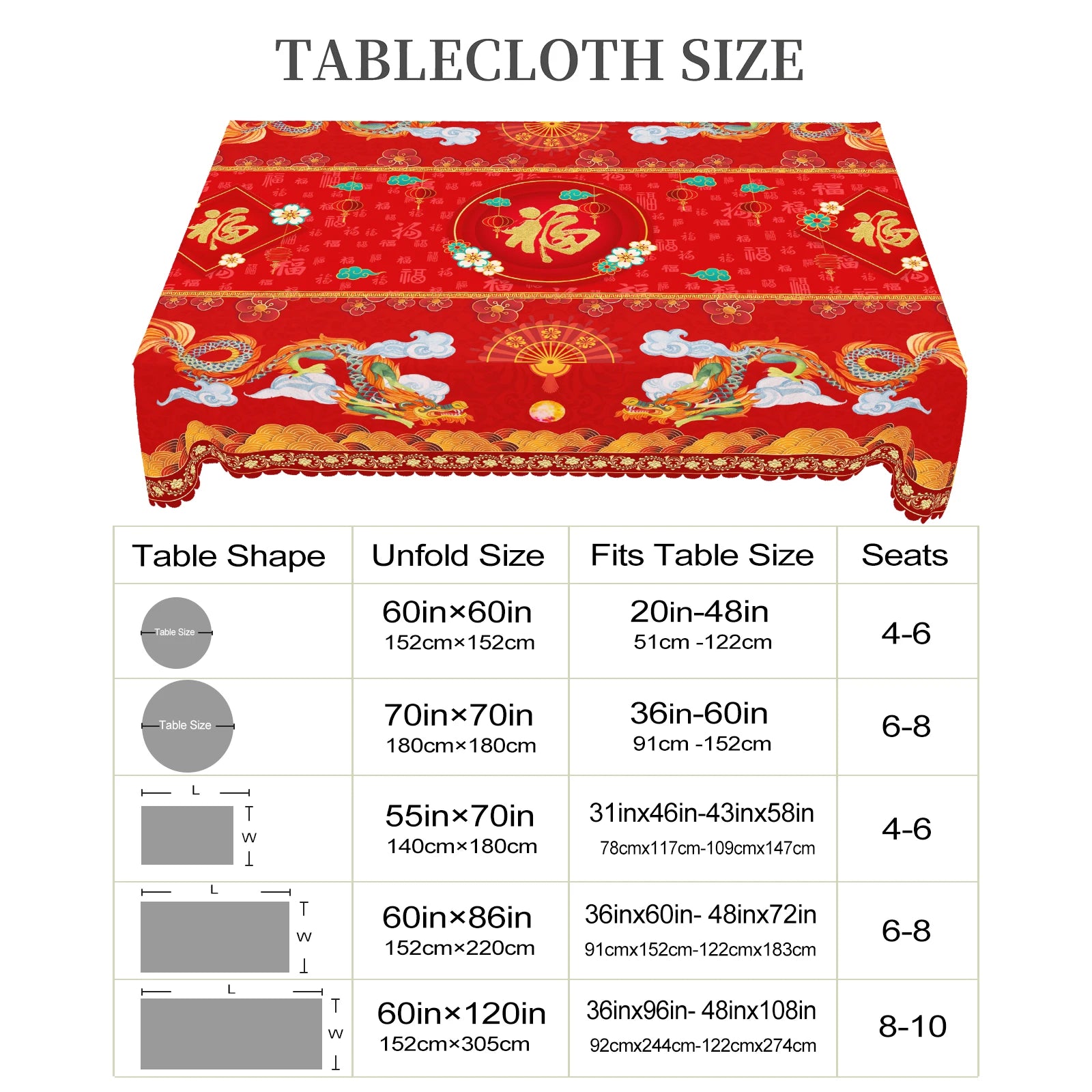 1 Piece of Chinese Blessing Red Round Tablecloth, 5 Sizes, Chinese Spring Festival Red Printed Square Tablecloth, Edge Embossing Process, Wedding Garden Tablecloth Decoration, Tablecloth for Daily Home Kitchen, Terrace, Chine
