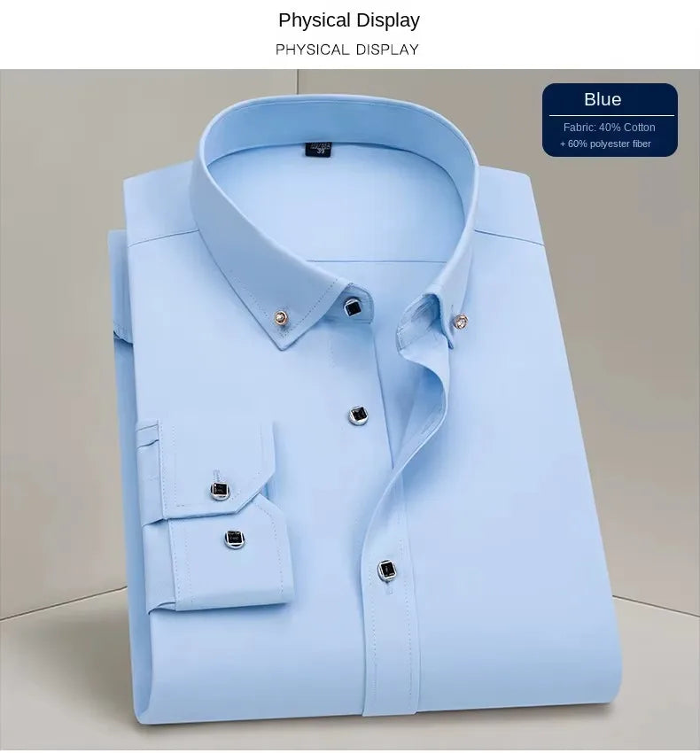 Hot Sale Men's Dress Shirts Formal Long Sleeve Business Social Camisa Contrast With Diamond Anti-wrinkle Button Down Men Clothes
