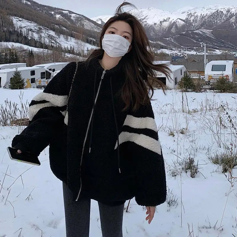 Women Causal Color Block Fleece Jacket Drawstring Zip Up Loose Contrast Striped Warm Winter Coat for Daily