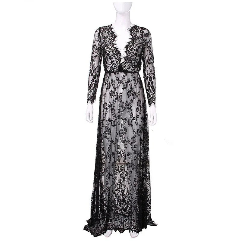 Women Through Floral V-Neck Elegant Lace long Dress Sexy Deep V Neck Casual Party Dress