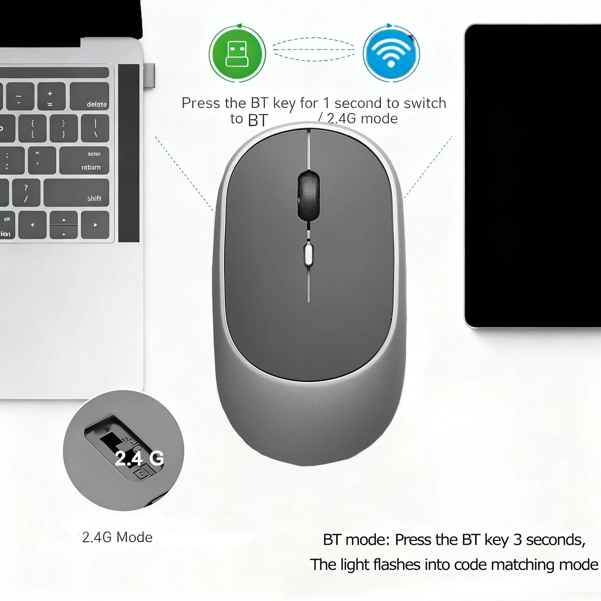Wireless Mouse Bluetooth-Compatible Mouse Ergonomic 1200DPI Mouse For MacBook Tablet Laptops Computer PC iPad 2.4Ghz Gaming Mice