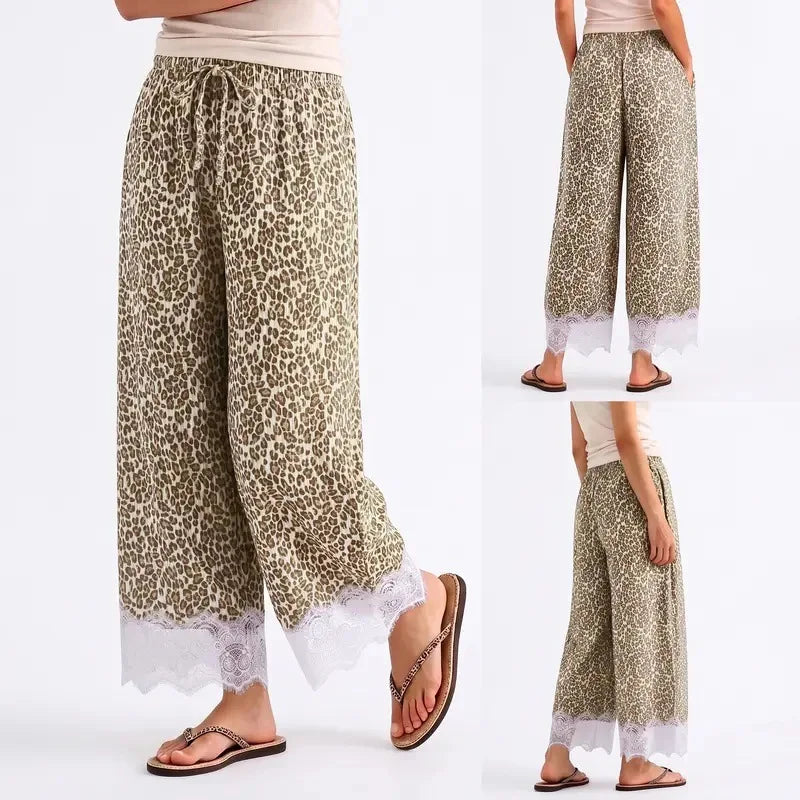 Women Leopard Print Wide Leg Pants Elastic Waist Drawstring Lace Trim Hem Loose Casual Autumn Fashion New Trousers