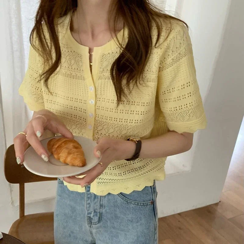 Chic Hollow Out Knitted T-Shirt Women 2026 Summer Button Up Short Sleeve Crop Tee Woman All Match Round Neck T Shirt Female