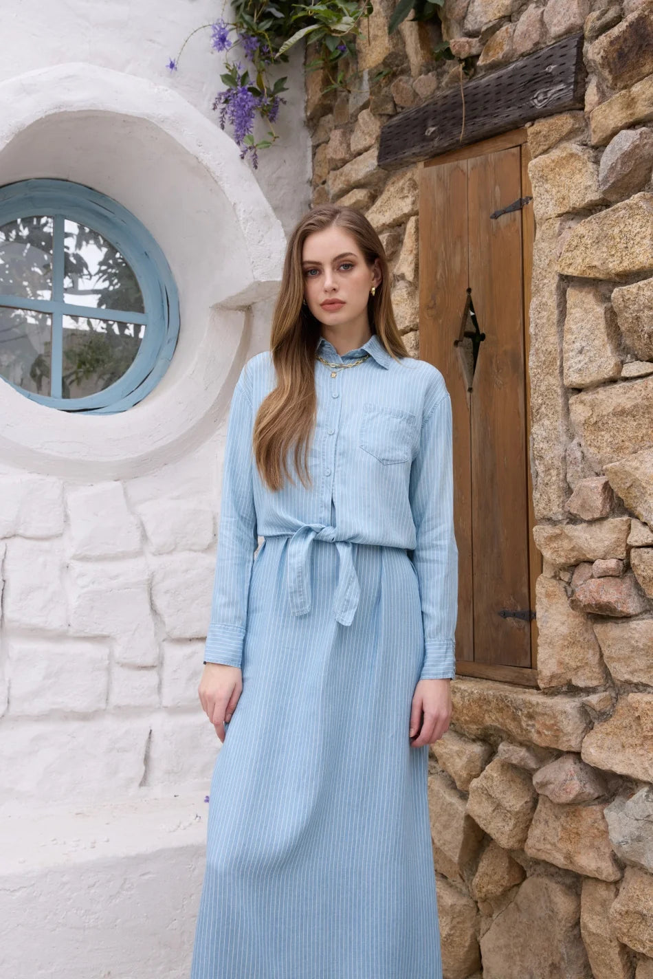 AS  SS26 Lyocell light Denim pinstripe wrap shirt + dress matching set fashionable vitality women's outfit