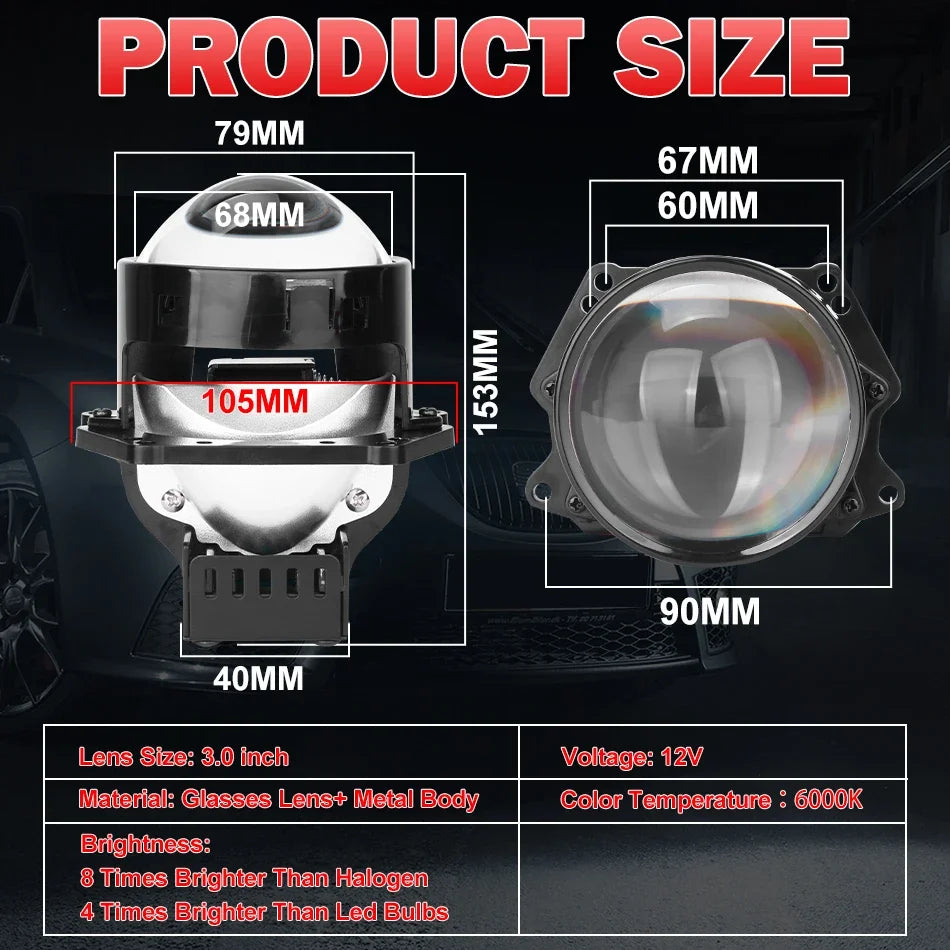 2pcs 3.0inch Bi Led Projector Lens Car Headlight H4 H7 9005 9006 High Low Lights Universal Car Headlamp 60000LM 12V