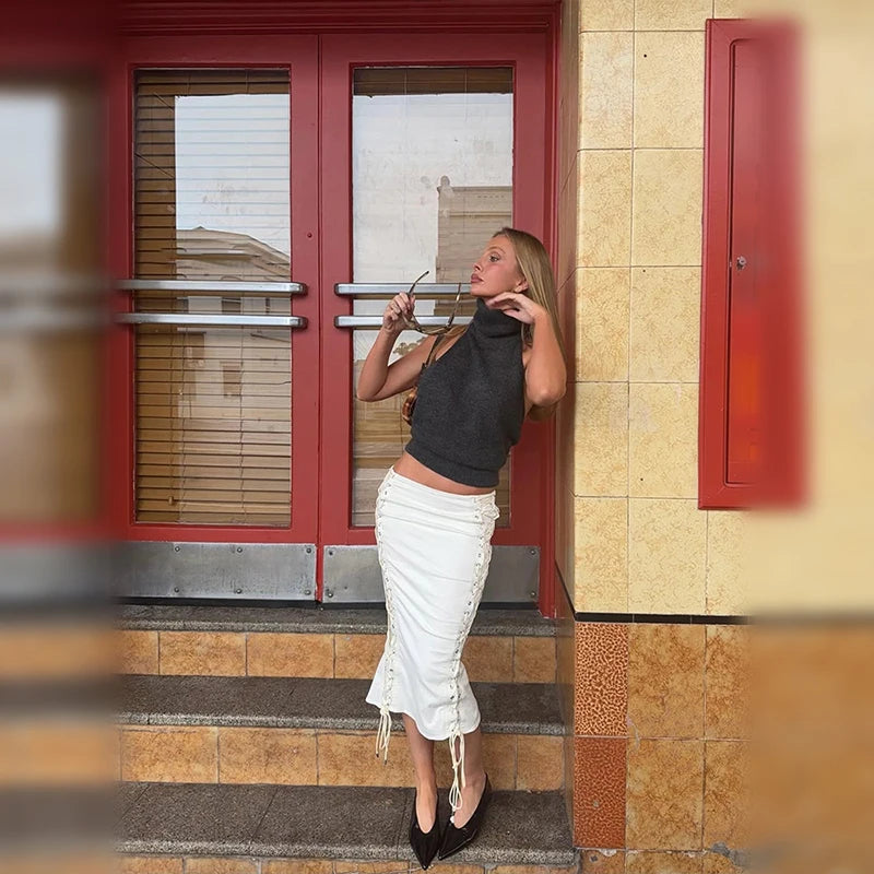 Women Double Side Lace Up Midi Skirt Metal Eyelet Crisscross Tie Bodycon Pencil Skirt Slim High Waist Streetwear Mid Calf Skirt