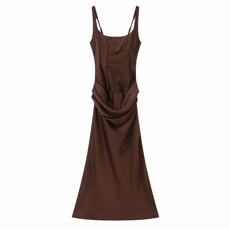 Solid Pleated Sling Dress Women Square Neck Sleeveless Off-shoulder Waist Cinching Slim Dresses 2026 Lady Evening Party Gowns