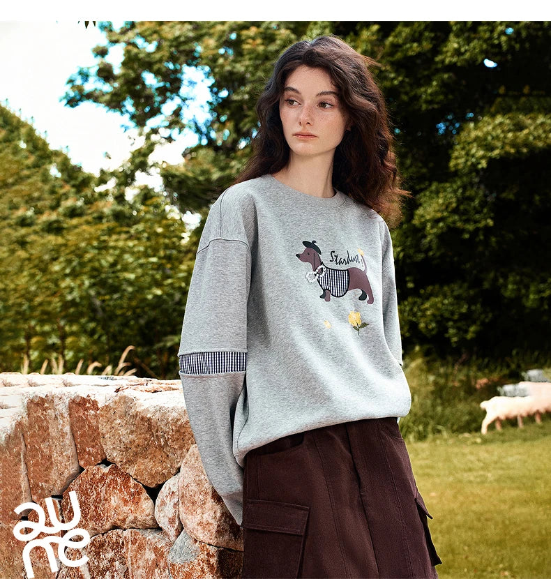 TOYOUTH Women's Sweatshirt 2026 Autumn New Loose Deconstructed Faux Two-Piece Plaid Dachshund Print Vintage Pullover Top