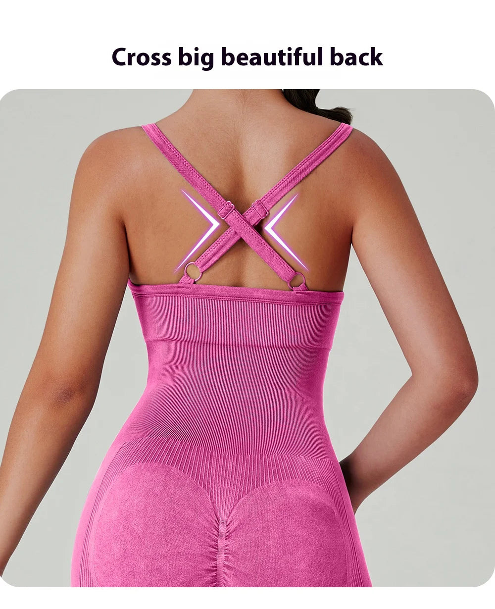 Women's Washed Yoga Bodysuit High Waisted Seamless 4-Way Stretch Workout Activewear Breathable Quick-Dry Lounge Jumpsuit