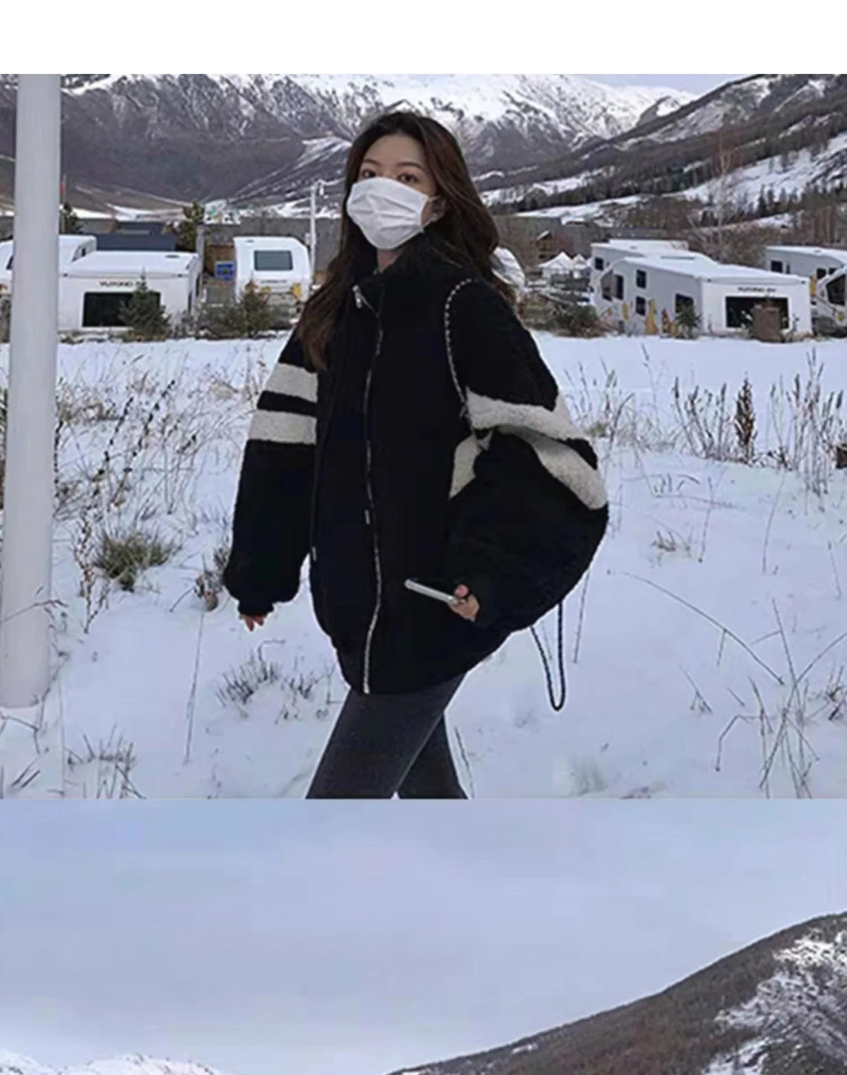 Women Causal Color Block Fleece Jacket Drawstring Zip Up Loose Contrast Striped Warm Winter Coat for Daily