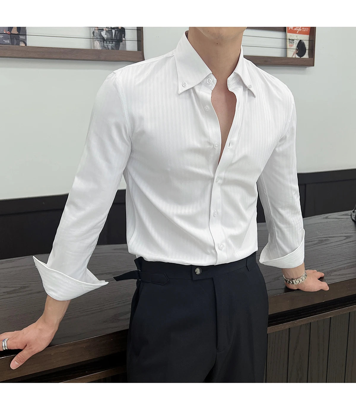 High-quality autumn men's new long-sleeve dark striped slim-fit shirt business casual formal workwear M-4XL