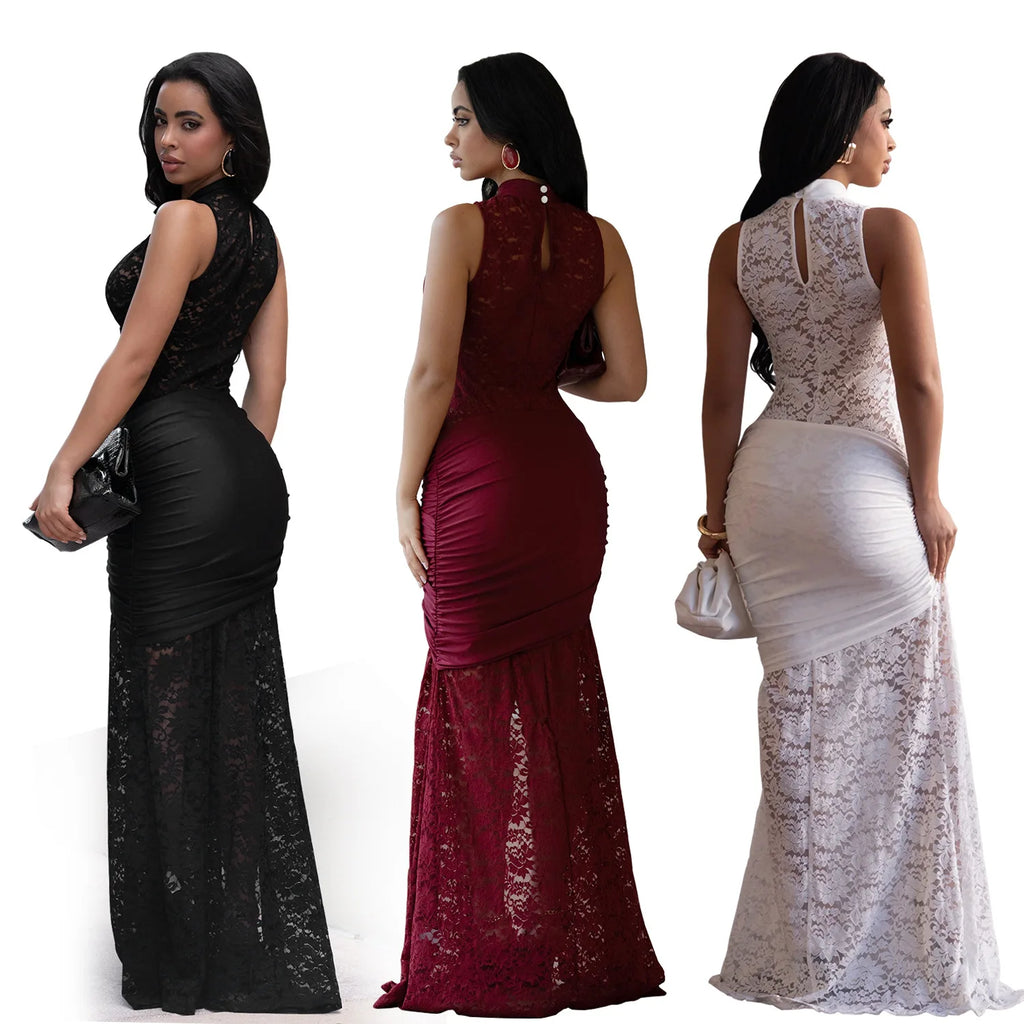 Sexy Women Lace Hollow Out Sleeveless Ruched High Split Maxi Long Dress 2026 Party Trendy Birthday Vacation Beach Dresses