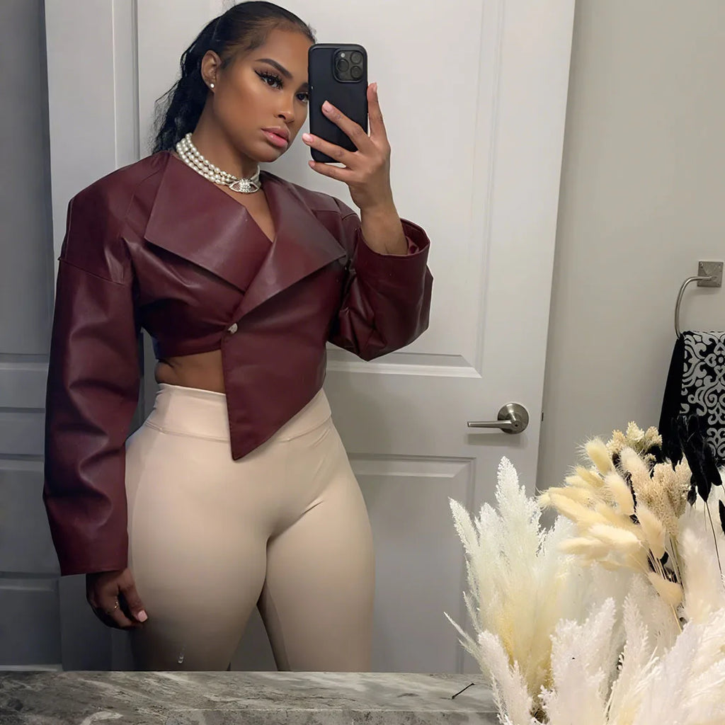 Joskaa 2025 Fall Women's PU Leather Jackets Fashion Solid Lapel Full Sleeve Slim Irregular Crop Coats Outerwear Y2K Streetwear