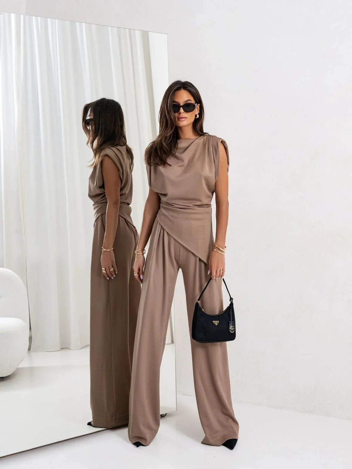 Two Piece Set For Women Short Sleeve Asymmetrical Top Wide Leg Pants Loose Fit Casual Autumn Winter Suit