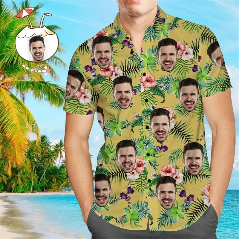 Funy Custom Image Graphic Shirts For Men Clothes Hawaii Diy Photo 3D Print Female Lapel Blouse Personalized Design Short Sleeve