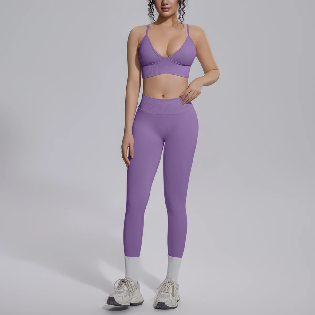 2PCS Woman Yoga Set Shockproof Workout Top Sexy Yoga Bra with Chest Pad High Stretch Seamless Fitness Pants Gym Yoga Set
