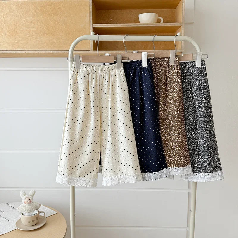 Korean Style Baby Girls Polka Dot Wide Leg Pants Lace Hem Loose Trousers Toddler Kids Elastic Waist Casual Fashion Pants