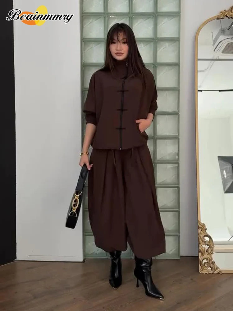 Coffee Tang Suit Two Piece Set Mandarin Collar Frog Button Top Wide Leg Cropped Pants Sets Lady Chic Retro Oriental Daily Wear