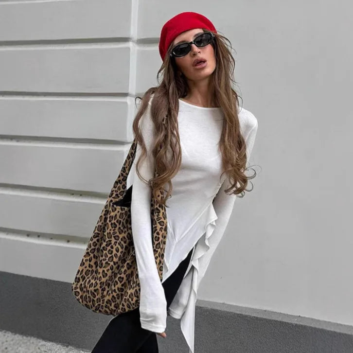 2025 Spring New Solid Color Knitted Top Fashionable Round Neck Long Sleeve Irregular Ruffle Design Slim Fit T-shirt Y2K Hot Girl