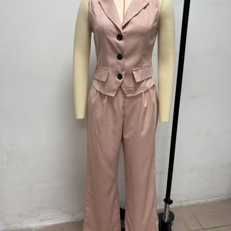 2026 Summer Women Two Piece Set Single-breasted Sleeveless Vest Top And Trousers Pants Set Suit Office Ladies Suits