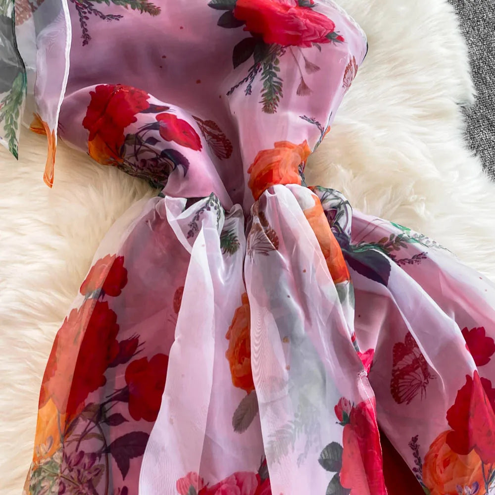 Spring Floral Series Holiday Dr Women's Summer High Waist Slim Fit Sexy Strapl Midi Length Belted Gown Korean Sle
