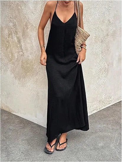 Elegant Simple Backless Sexy Hollow Sleeve Long Dress Women's Straight Tube Skirt Travel Sleeveless Strap Dress Casual High W...