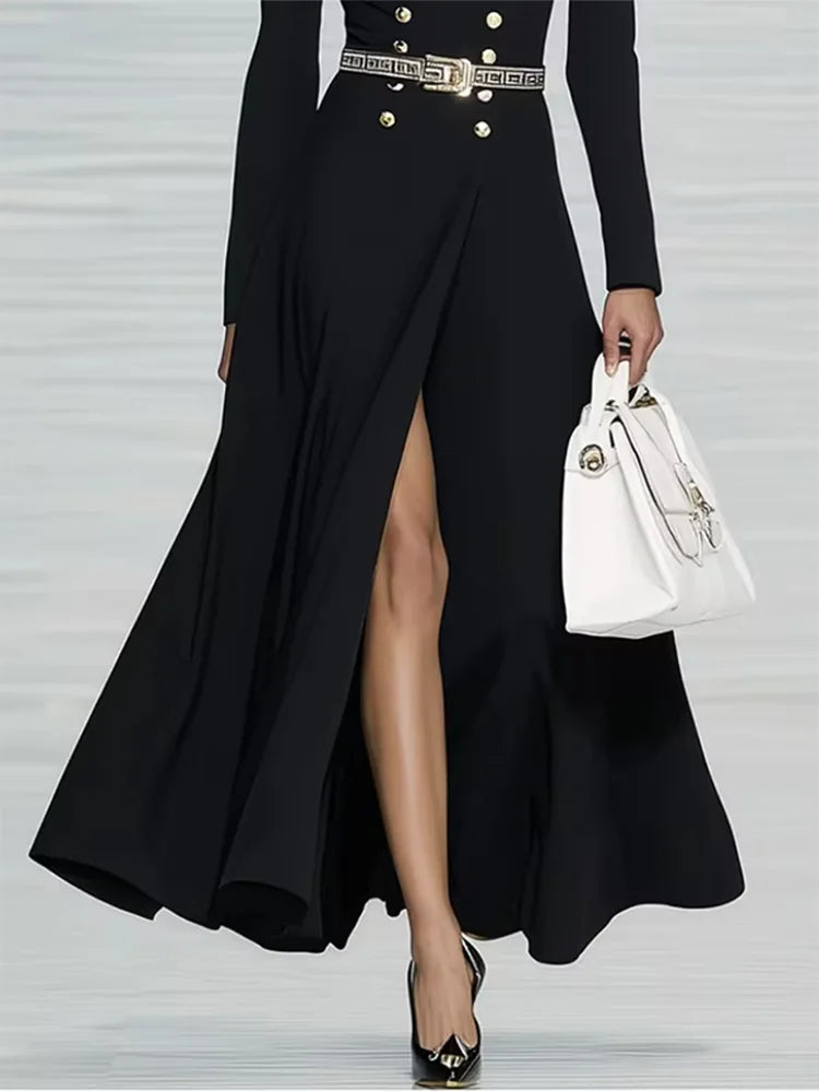 Modigirl 2025 Fall Spring Women’s Simple Black Maxi Dresses V-neck Formal Office Urban Winter Buttoned Dresses for Woman
