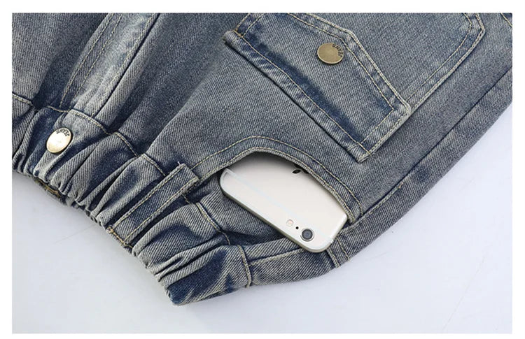 Elegant Fashion Kids Children Cargo Jeans Pants with Multi Pocket for Teenage Girls Loose Straight Casual Denim Trousers 5-14 Y