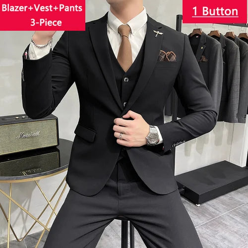 Blazer Vest Pants Men's Navy Blue Suit Set Slim Fit Blazer Vest Pants Formal Outfit for Business Wedding Office Groom Party