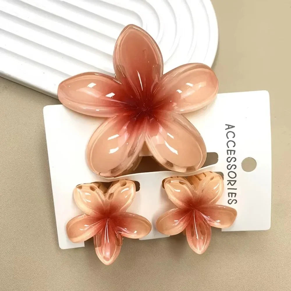 3Pcs/Set Women's Gradient Shark Hair Claw Clips Plumeria Flower Ponytail Barrettes Hawaiian Style Hairpins for Girls